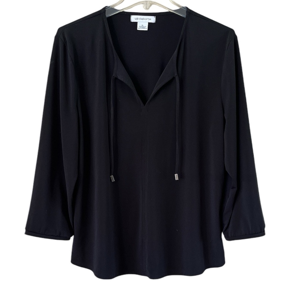 Liz Claiborne Tie Blouse Loose Fit Open V Neck Black Size XL